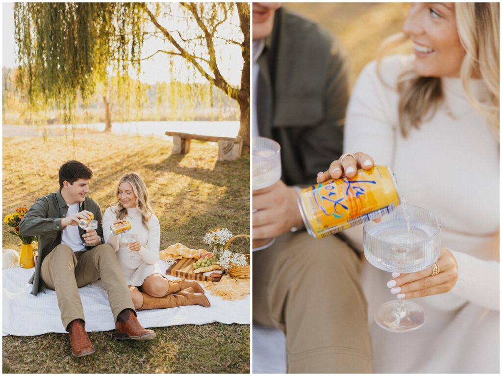 couple pouring water into glasses