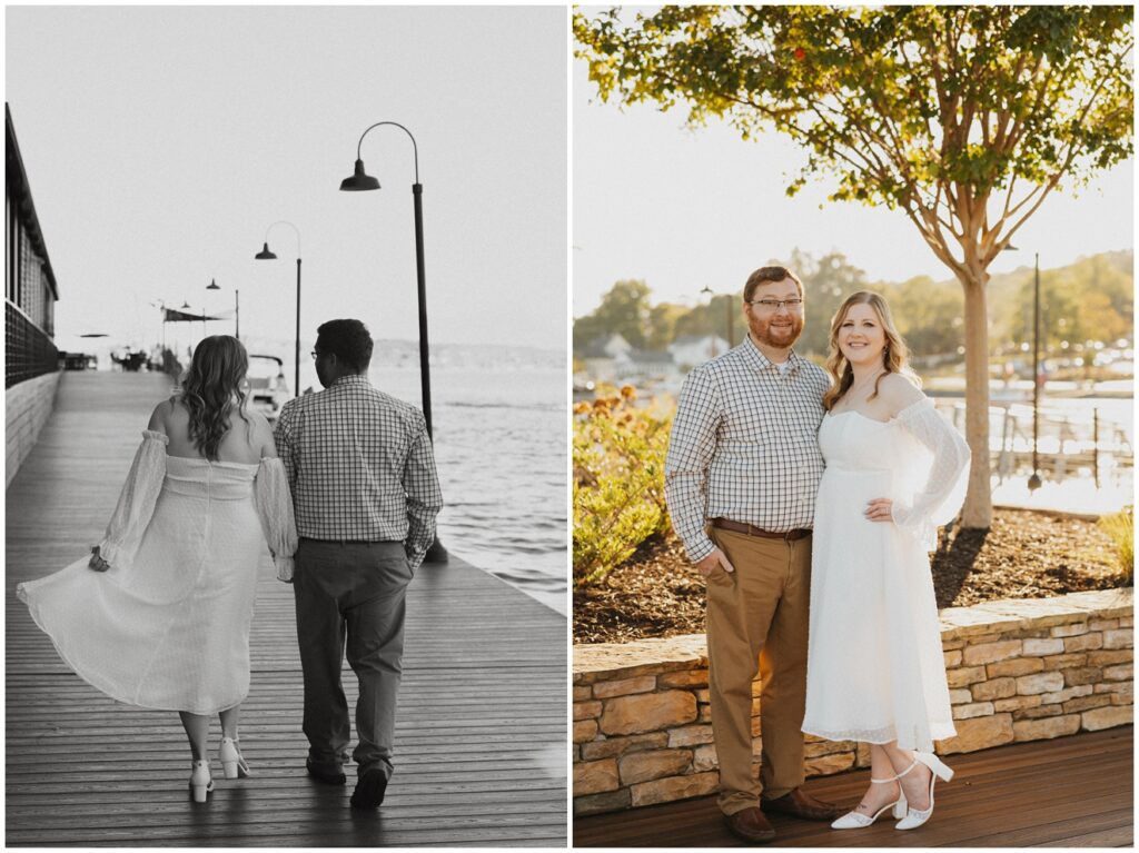 couple walking along pier 
