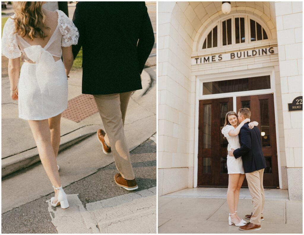 Couple embraces on the streets of downtown huntsville