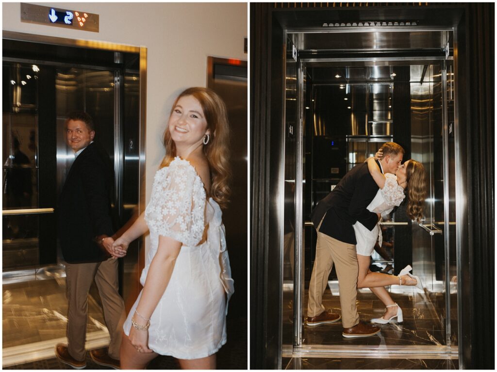 couple kisses inside elevator