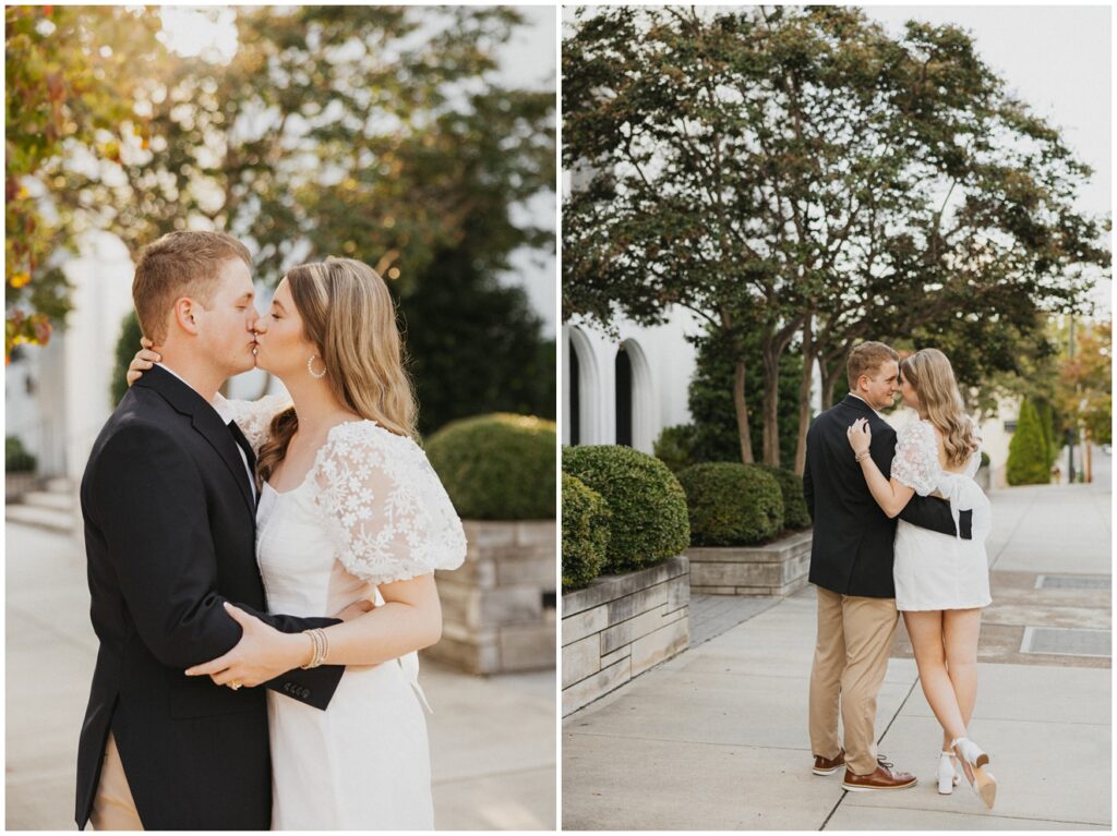 couple kissing on  sidewalk in downtown Huntsville