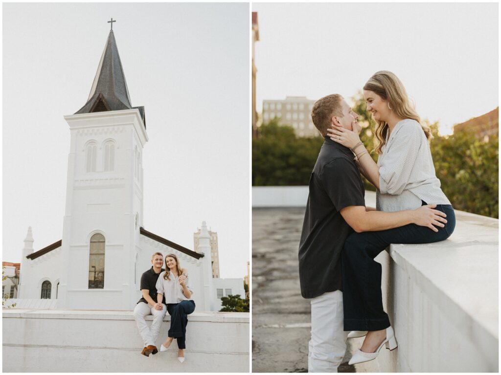 couple sits on brick wall