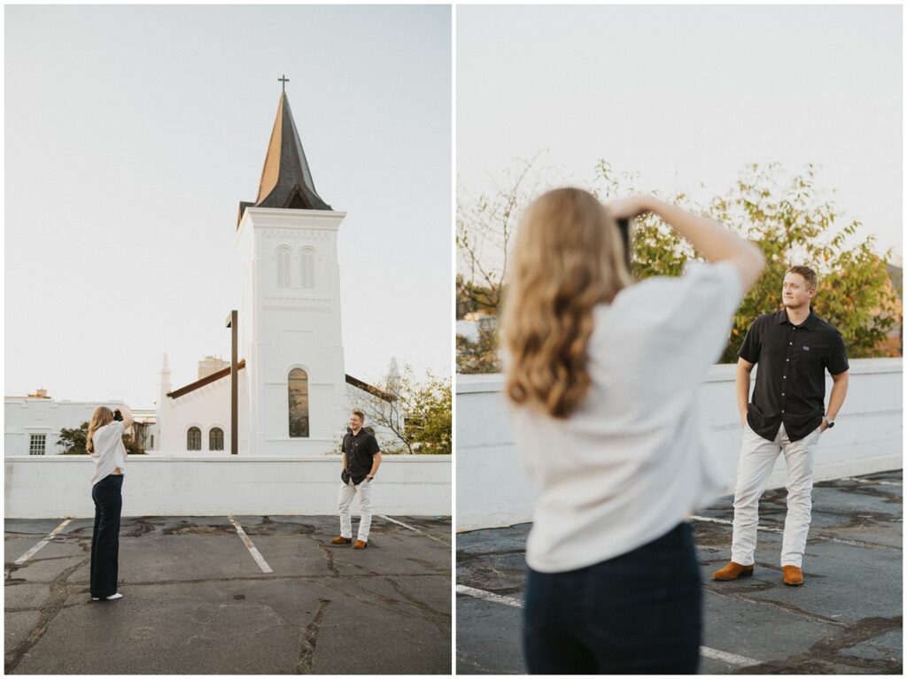 bride takes picture of groom