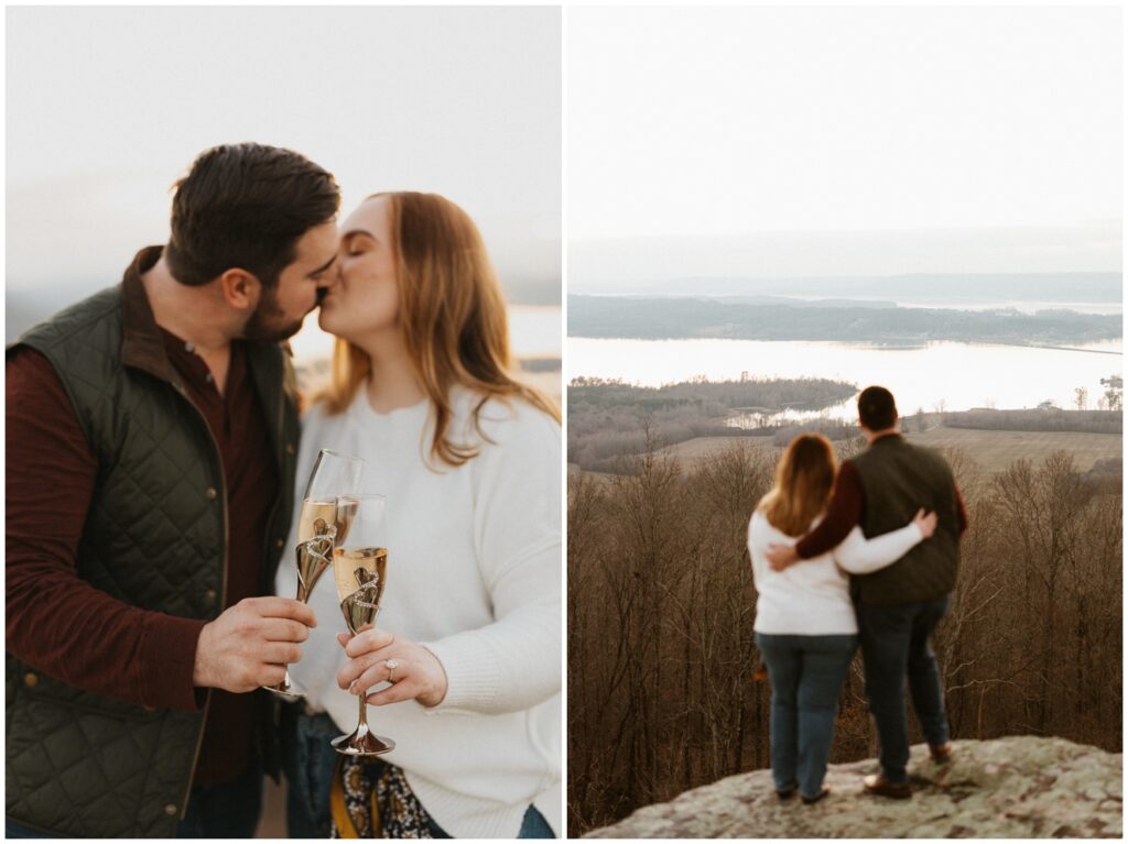 couple standing on cliff overlooking lake