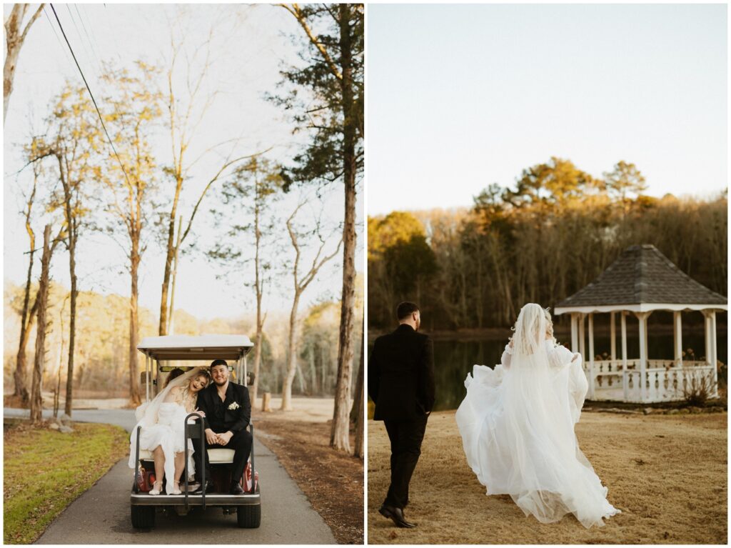 bride and groom riding on a golf cart