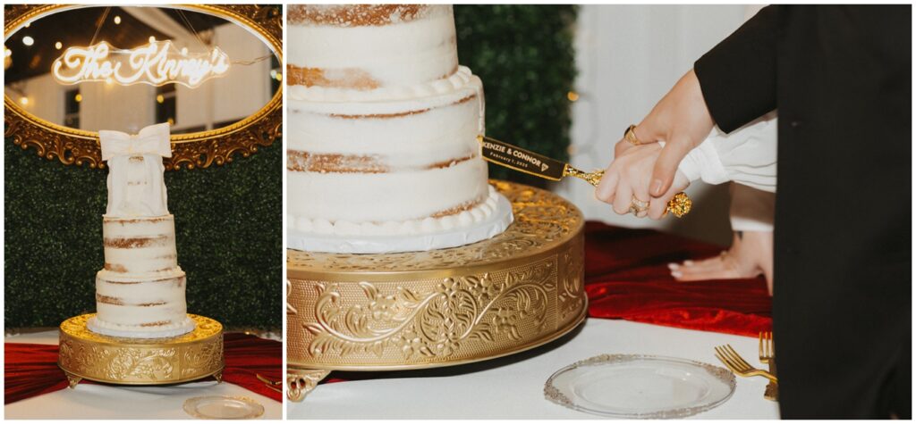 bride and groom cutting wedding cake