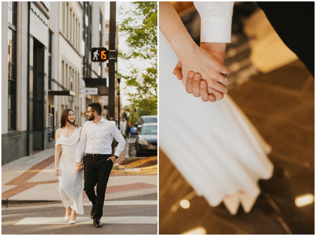 couple walking across downtown street