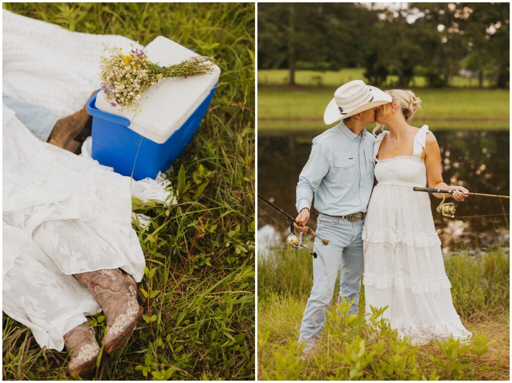 couple having a picnic by pond