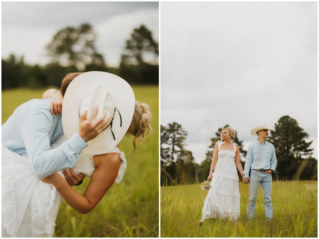 couple kissing behind a cowboy hat