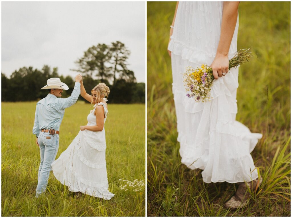 couple twirling in a field 