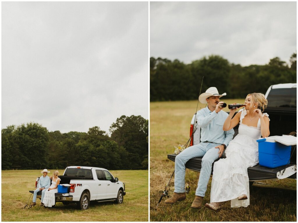 couple sitting in on back of pickup truck sipping a bottle of soda