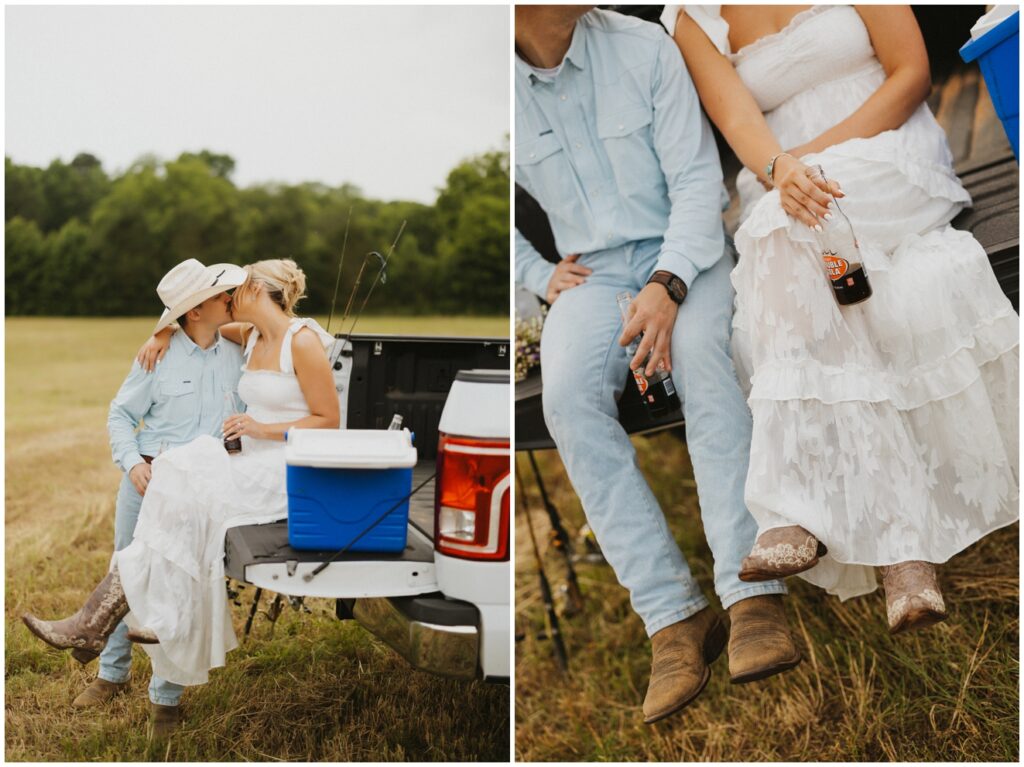 couple sitting in on back of pickup truck sipping a bottle of soda