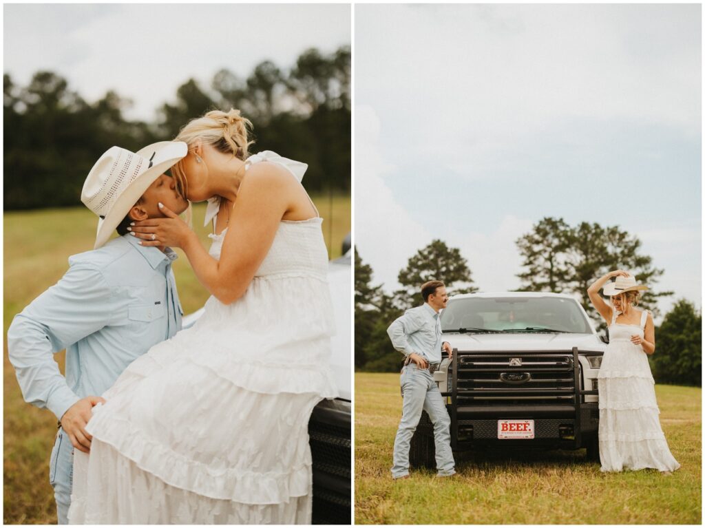 couple standing next to truck 