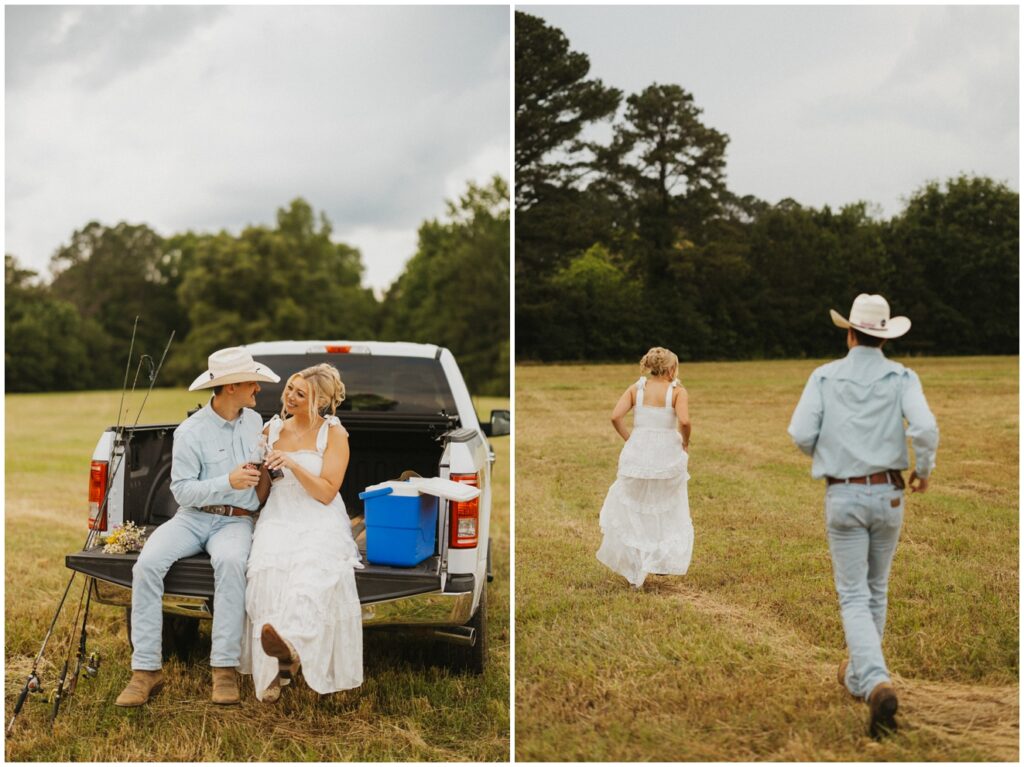 couple sitting in on back of pickup truck sipping a bottle of soda