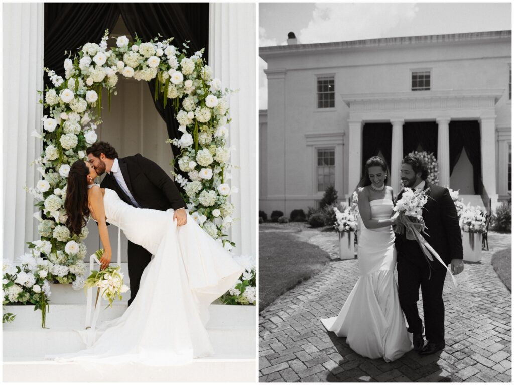 bride and groom walking in front of wedding venue