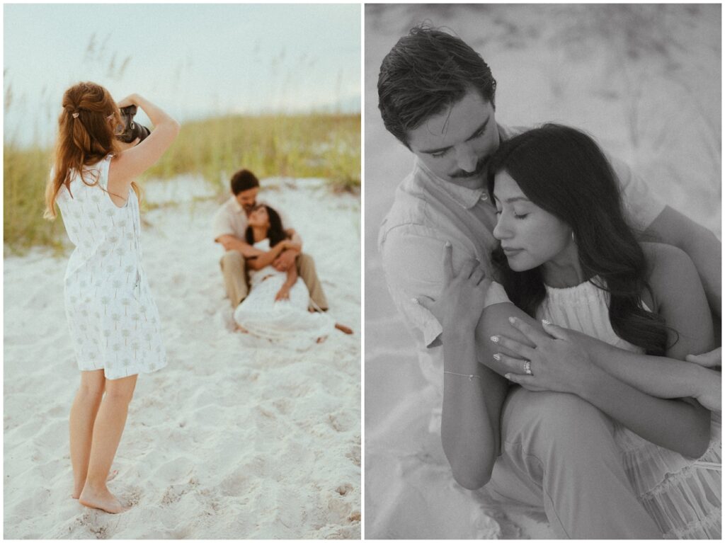 photo of photographer taking picture of couple on beach